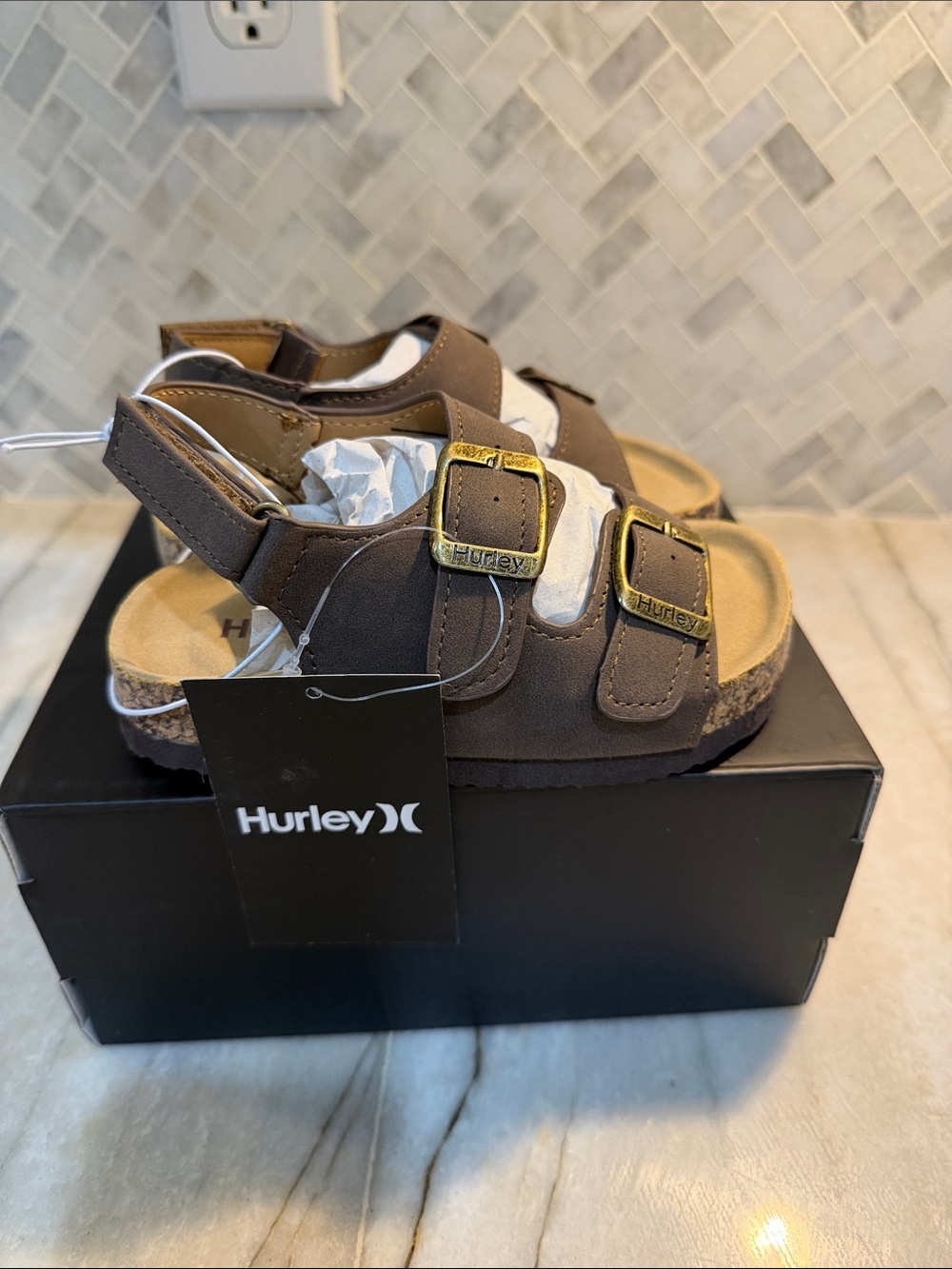 Hurley Kids Brown Double-Buckle Cork Footbed Sandals NWT Size 6 7 8